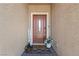 Inviting front entrance with a modern door, a welcome sign, and decorative potted plants at 8976 S Park St, Las Vegas, NV 89178