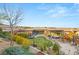 Wide backyard view featuring mature landscaping, a covered patio, hot tub, and distant mountain views at 10179 Emerald Sunset Ct, Las Vegas, NV 89148