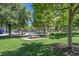 Community park featuring picnic tables, lush greenery, mature trees, and shaded seating areas at 301 Treehouse Ct, Henderson, NV 89012