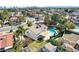 An aerial view of a backyard with a pool, patio area, and lush green grass at 3431 Iberia St, Las Vegas, NV 89146