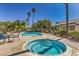 Community pool and hot tub area with lounge seating, lush landscaping and palm trees at 2579 La Fortuna Ave, Las Vegas, NV 89121