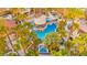 Aerial shot of a luxurious pool area with a covered bar area, sundeck and lush tropical landscaping at 2818 E Quail Ave, Las Vegas, NV 89120