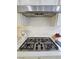Close-up of a stainless steel cooktop with white backsplash and countertops at 10215 Radcliffe Peak Ave, Las Vegas, NV 89166