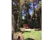 Secluded backyard retreat with mature trees, lush greenery, brick-lined pathway, and a cozy wooden bench at 7624 Nocturne Ct, Las Vegas, NV 89128