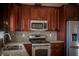 Close up of a kitchen with stainless steel appliances and granite countertops at 1219 Diamond Valley St, Henderson, NV 89052