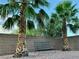 Desert landscaping with a wrought iron bench between two palm trees at 1960 Verbania Dr, Las Vegas, NV 89134