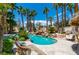 Beautiful pool area with lush landscaping, mature palm trees, and inviting seating areas at 8211 Windsor Crest Ct, Las Vegas, NV 89123