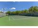 Well-maintained community tennis court ready for a match, surrounded by lush green trees under a bright blue sky at 11099 Moonlight Fire Ct, Las Vegas, NV 89135