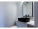 Modern powder room with black vessel sink, stone countertop, and contemporary fixtures at 1416 Swanbrooke Dr, Las Vegas, NV 89144