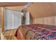 Charming bedroom with sloped ceilings and wood floors, with a large bed and storage closet at 4587 Yellow Pine Ave, Mount Charleston, NV 89124