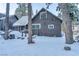 Exterior view featuring a cabin with snow-covered landscape, set against a backdrop of towering pine trees at 4587 Yellow Pine Ave, Mount Charleston, NV 89124