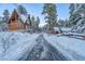 Charming street view of cabins blanketed with fresh snow and tall pine trees against a blue sky at 4587 Yellow Pine Ave, Mount Charleston, NV 89124