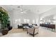 Bright living room with high ceiling, fireplace, shutters, and access to back patio at 1065 Otto Ridge Ct, Henderson, NV 89052