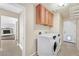 Efficient laundry room with front loading washer and dryer, cabinet storage, and convenient access to the backyard at 3367 Trickling Stream Cir, Las Vegas, NV 89117