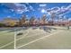 Community tennis court surrounded by a wall and mature landscaping for players enjoyment at 258 Spring River Ave, Las Vegas, NV 89123