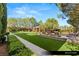 Lush backyard with a well-maintained lawn, mature trees, and a paved patio perfect for relaxation at 9940 Orient Express Ct, Las Vegas, NV 89145