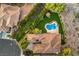 A perfectly landscaped home, in-ground pool, and play area viewed from above at 71 Fountainhead Cir, Henderson, NV 89052