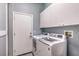 Functional laundry room with modern washer and dryer, ample storage, and a convenient door at 71 Fountainhead Cir, Henderson, NV 89052