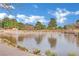 Scenic community pond with mature trees and a fountain feature under a bright sky at 9425 San Laguna Ct # 102, Las Vegas, NV 89134
