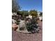 Well-manicured backyard featuring decorative rock, blooming plants, and mature trees at 9704 Brawley Dr, Las Vegas, NV 89134