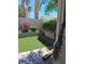 Backyard with green artificial turf and mature plantings in raised planters at 5830 Springmist St, North Las Vegas, NV 89031