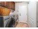 Well-equipped laundry room boasts a modern washer and dryer, overhead cabinets, and convenient access to the rest of the home at 4014 Trapani Pl, Las Vegas, NV 89141