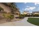 Expansive backyard with a trampoline, gazebo, fruit trees, a sidewalk and green grass at 23 Crescent Palm Ct, Henderson, NV 89002
