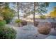 This backyard features a stone fire pit, desert landscaping, and perimeter fencing at 714 Lacy Ln, Las Vegas, NV 89107