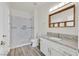Modern bathroom with step-in shower, granite counters, and stylish wood-look floors at 9050 W Warm Springs Rd # 2153, Las Vegas, NV 89148