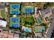 Overhead community view shows tennis, pickleball, and basketball courts, along with pool and green space at 431 Tranquil Peak Ct, Henderson, NV 89012