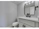 Stylish half-bath with updated vanity, quartz countertop, matte black faucet and fixtures and updated lighting at 3484 Nightflower Ln # B, Las Vegas, NV 89121