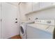 A functional laundry room features a washer and dryer with white cabinets for storage at 6408 Starcrest Dr, Las Vegas, NV 89108