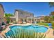 Private backyard featuring a sparkling pool, a covered patio, and ample space for outdoor entertaining at 10662 Bonchester Hill St, Las Vegas, NV 89141