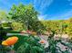 Lovely backyard featuring mature roses, artificial turf and shade from a mature tree at 2357 Wisconsin Dells Dr, Henderson, NV 89044
