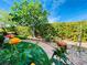 Landscaped garden featuring blooming roses, a stone pathway, lush trees, and privacy hedges at 2357 Wisconsin Dells Dr, Henderson, NV 89044