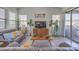 Cozy living room with plush seating, a modern entertainment center, and sliding glass doors at 2641 Via Monet, Henderson, NV 89044