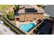 Backyard aerial view with a refreshing pool, solar panels, and privacy landscaping at 505 Los Dolces St, Las Vegas, NV 89138