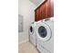 Laundry room with modern, front-loading washer and dryer and matching wood cabinetry at 75 Luce Del Sole # 3, Henderson, NV 89011