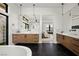 Bright bathroom with dual vanities, a soaking tub, a walk-in shower, and sleek modern design at 826 Willits St, Las Vegas, NV 89138