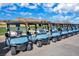 A row of golf carts sit ready in front of a golf course against the background of mountains on a sunny day at 32 Hunting Horn Dr, Las Vegas, NV 89135