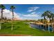 Scenic golf course view showcasing lush greenery, a tranquil pond, mature palm trees, and mountain views at 746 Royal Course Ct, Las Vegas, NV 89148