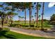 Scenic view of a pristine golf course, landscaped greenery, and paved cart paths at 746 Royal Course Ct, Las Vegas, NV 89148