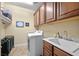 Functional laundry room with ample cabinetry, modern washer and dryer, and a convenient utility sink for easy cleanup at 746 Royal Course Ct, Las Vegas, NV 89148