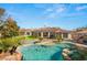 Backyard pool with lush landscaping and lounge area, creating a perfect outdoor oasis for relaxation at 9825 Glenrock Dr, Las Vegas, NV 89134