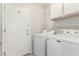 Functional laundry room with modern washer and dryer, ample shelving and storage for supplies at 8920 Litchfield Ave, Las Vegas, NV 89134