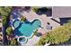 Aerial view of backyard pool and spa area surrounded by lush landscaping and brick paver patio at , Las Vegas, NV 89131