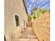 Narrow side yard area with tan stucco wall and decorative plants at 11027 Dornoch Castle St, Las Vegas, NV 89141