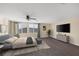 Modern bedroom with a cozy bed, ceiling fan, and large windows offering natural light at 6021 Vista Clara St, Las Vegas, NV 89148