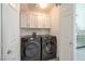 Convenient laundry room with a modern black washer and dryer set and white cabinets for storage at 7400 Wheat Grass Ct, Las Vegas, NV 89129