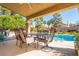 Covered patio with an outdoor dining set, overlooking a sparkling pool and lush landscaping, perfect for entertaining at 8262 Huxley St, Las Vegas, NV 89123